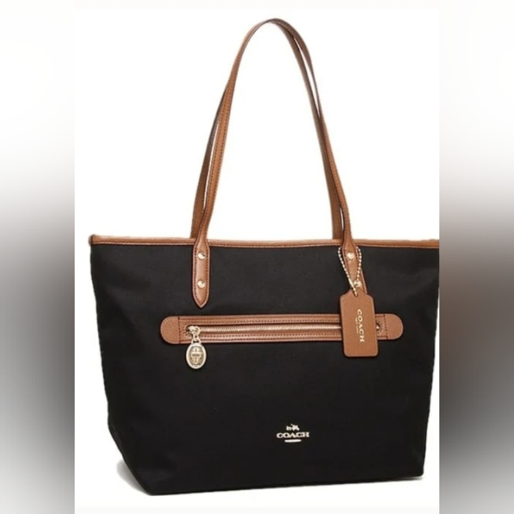 Coach Sawyer Designer Black Nylon Canvas and Brown Leather Lining Tote Purse Bag